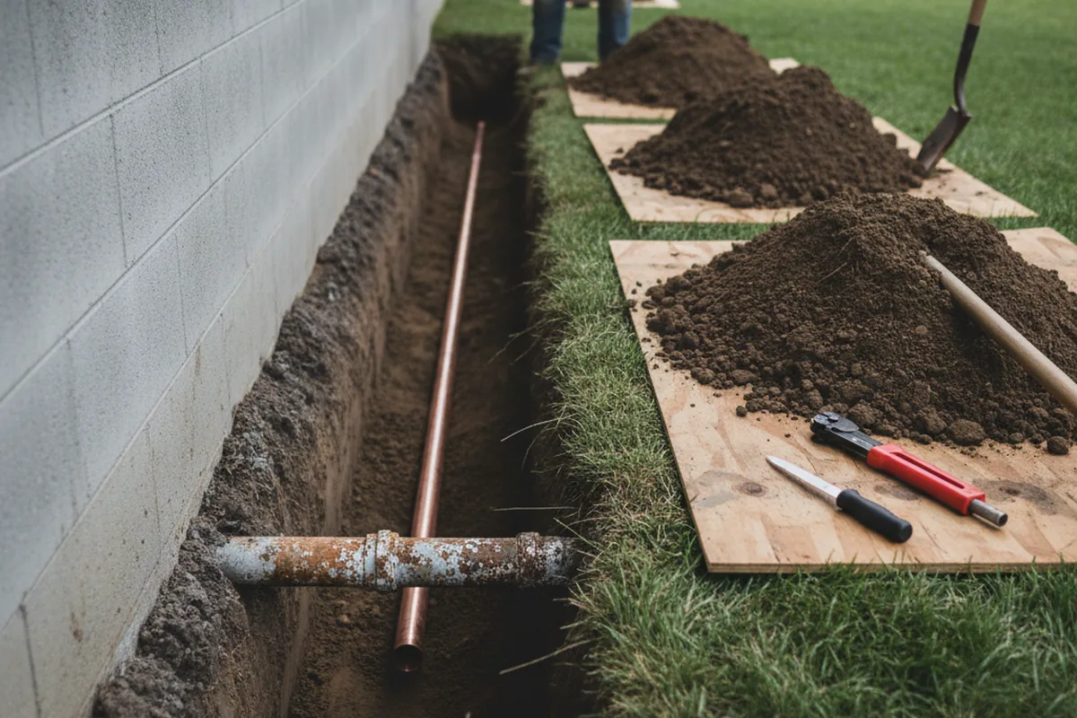 Excavated water line trench during Water Softener Installation in Selmer
